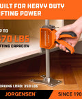 Jorgensen 470 Lb Cabinet Jack Clamp Lifting Tool with ergonomic handle lifting under cabinet for heavy duty tasks.