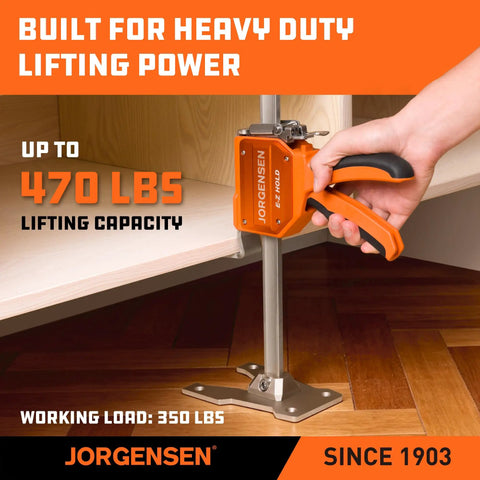 Built To Last 2 Pack Cabinet Jack Clamps With 470 Lb Lift Capacity, showing adjustable clamp lifting heavy wood support.