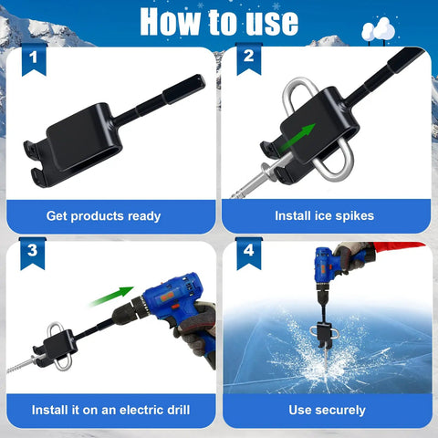 Instructional image showing steps to use Ice Fishing Anchor Tool Kit Pro Grade Beefy Workhorse Drill Adapter With 6 Ice Fishing Tent Stakes.