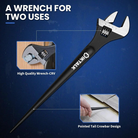 Three Piece Adjustable Spud Wrench Set, 10 Inch, 12 Inch And 16 Inch, Chrome Vanadium Steel, Black Oxide Finish, Crowbar Tail