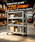 Heavy Duty Swivel Casters Badass Strength Storage Rack Wheels For Shelves Tables And Cabinets Supporting Up To 720 Lbs Total Weight Without Breaking A Sweat Garage Ready on an industrial shelving unit in a warehouse.