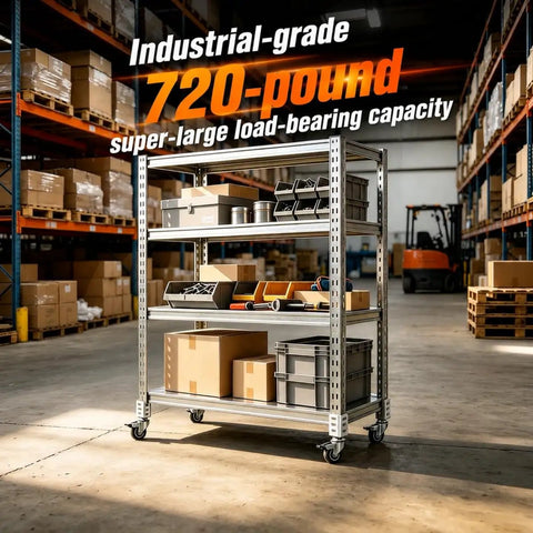 Heavy Duty Swivel Casters Badass Strength Storage Rack Wheels For Shelves Tables And Cabinets Supporting Up To 720 Lbs Total Weight Without Breaking A Sweat Garage Ready on an industrial shelving unit in a warehouse.