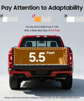 Soft Roll Up Tonneau Cover For Ford F150 5.5ft Bed 2015 2026 Weatherproof Truck Bed Cover size guide displayed on red truck.