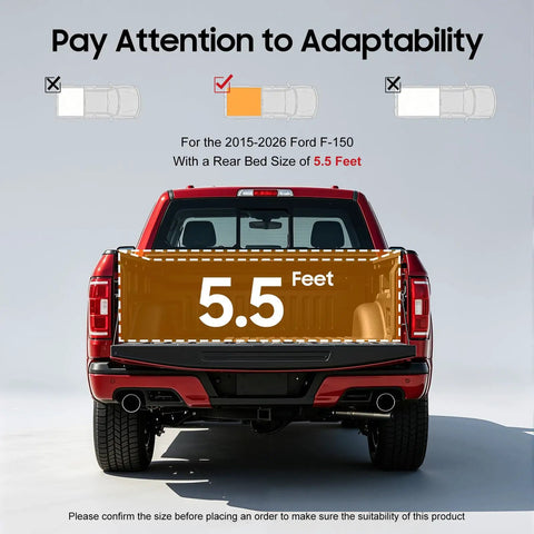 Soft Roll Up Tonneau Cover For Ford F150 5.5ft Bed 2015 2026 Weatherproof Truck Bed Cover size guide displayed on red truck.