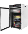 Heavy Duty Commercial Food Dehydrator With 16 Stainless Steel Trays showing open door and stacked trays with colorful food.