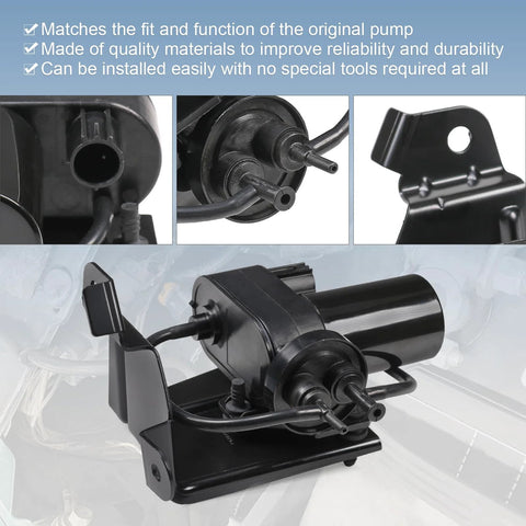 Black electric vacuum pump with mounting bracket and hoses, front view.