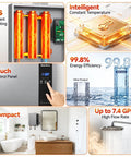 Heavy Duty 27KW Electric Tankless Water Heater With 240V Input And 7.4 GPM Throughput with touch panel and compact design in modern bathroom.