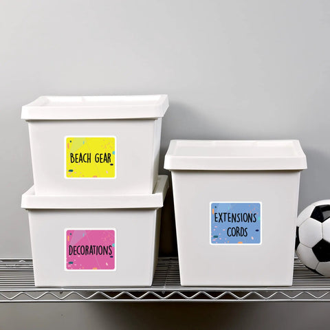 Pro Grade Printable Shipping And Mailing Labels Featuring Sweet Sure Feed Tech For Laser Printers With Trueblock Total Coverage To Hide Old Tags 3-1/3 X 4 Inches White 600 Sheets on storage bins.