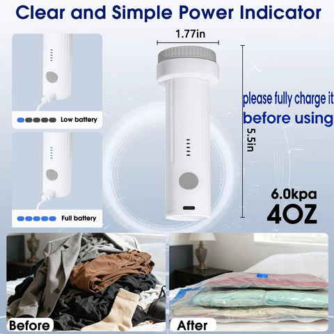 Front view of Eunhdet cordless vacuum pump for storage bags; white body with grey cap, USB rechargeable.