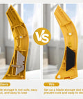 Comparison of yellow utility knife interiors, highlighting safe blade storage in 4 Pack Roofing Knives With Fixed Blades Built Tough Heavy Duty Utility Knife Set For Drywall Vinyl Carpet Cutting And Metal Roofing Projects Includes Replacement Hook Blades Yellow