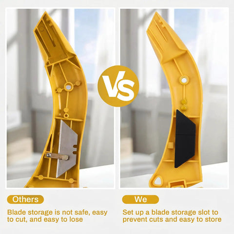Comparison of yellow utility knife interiors, highlighting safe blade storage in 4 Pack Roofing Knives With Fixed Blades Built Tough Heavy Duty Utility Knife Set For Drywall Vinyl Carpet Cutting And Metal Roofing Projects Includes Replacement Hook Blades Yellow