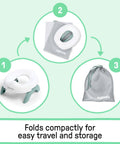 Road Warrior 2 In 1 Portable Baby And Toddler Travel Potty Seat With Secure Snap Ring Lightweight Foldable Design Includes Carry Bag And Quick Liners showing folding process and storage bag.