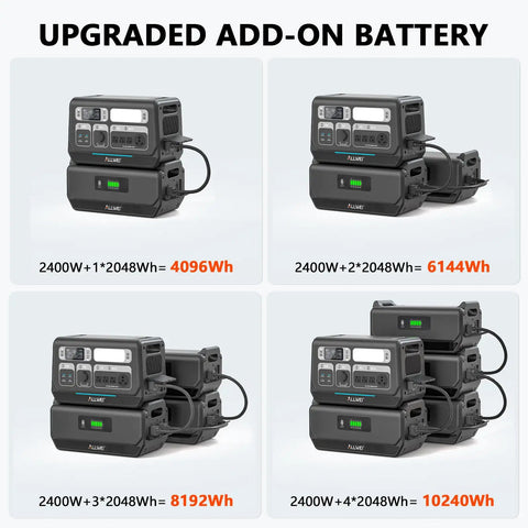 2400W LiFePO4 Portable Power Station With 2048Wh Solar Generator and add-on battery options expanding up to 10240Wh