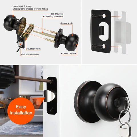Oil Rubbed Bronze Exterior Door Knob With Lock And Key, Keyed Entry, One Pack With Keyed Alike, matte black finish view
