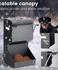 Built Tough Automatic Dog Feeder For Large Breeds Outdoor Gravity Pet Food Dispenser With 25 Pound Capacity with scalable canopy in snowy weather.