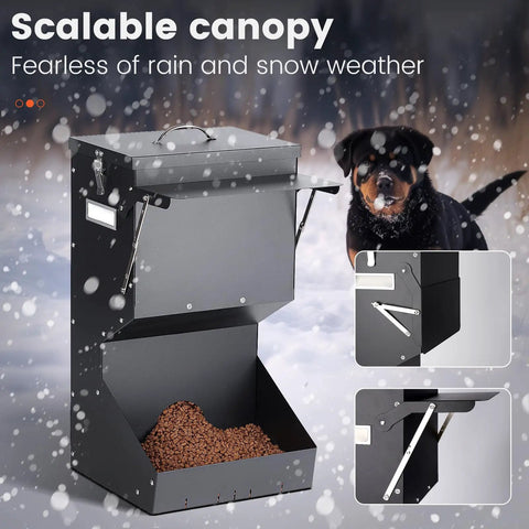 Built Tough Automatic Dog Feeder For Large Breeds Outdoor Gravity Pet Food Dispenser With 25 Pound Capacity with scalable canopy in snowy weather.