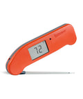 Side view of a Cayenne Pepper Red top rated No. 1 instant-read thermometer for precision cooking, showing temperature reading.