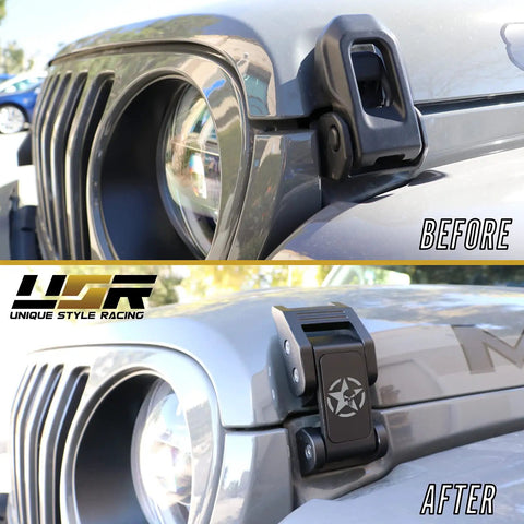 Before and after of Heavy Duty Skull Hood Latch Set For Jeep Wrangler JL 2018 To 2024 And Gladiator JT steel upgrade