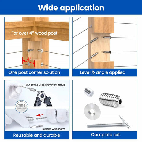 "Four-panel overview of Hidden One Eighth Inch Invisible Cable Railing Kit For Wood Posts Forty Pack Stainless Steel Swage Lag Screws"