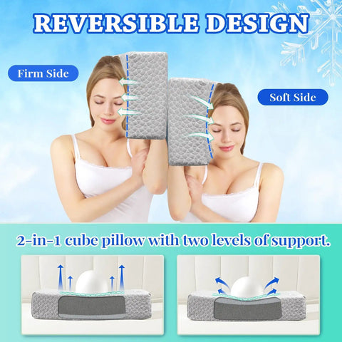 Premium Cooling Cube Pillow For Side Sleepers With Neck Pain Relief Adaptive Memory Foam adjustable support showing reversible design.