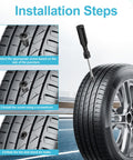Emergency Tire Plug Kit With 60 Pieces Quick Screw Type Plugs showing installation steps for flat tire repair on a car tire.