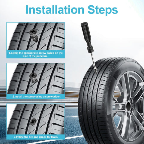 Emergency Tire Plug Kit With 60 Pieces Quick Screw Type Plugs showing installation steps for flat tire repair on a car tire.