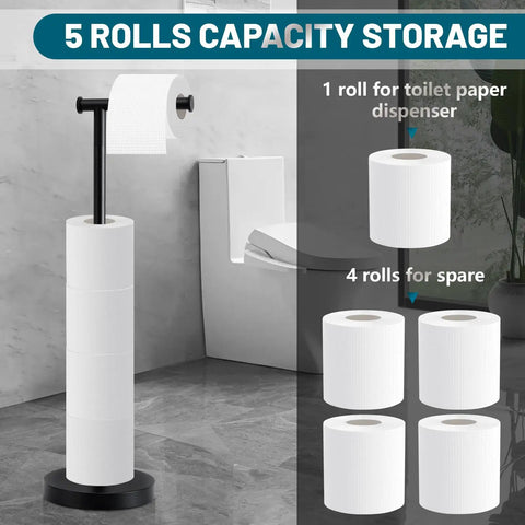 Matte Black Toilet Paper Holder With Shelf Wall Mount Made From SUS304 Stainless Steel With Screws And Adhesive No Fuss Modern Bathroom Roll Holder For Toilet Paper In Washroom showing 5 rolls capacity storage