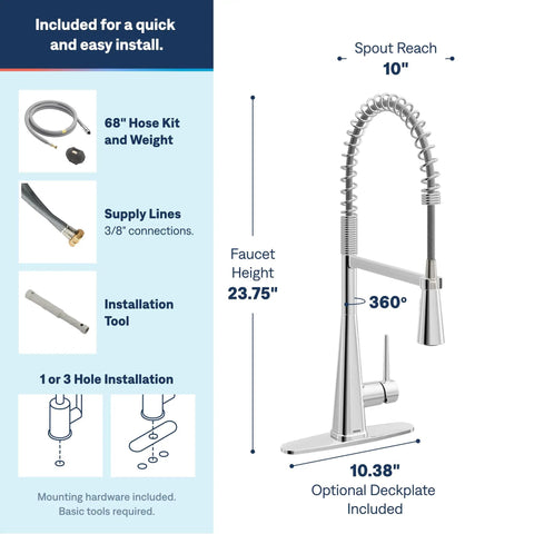 Moen Swyre Spring Pulldown Kitchen Faucet, 87538 height 23.75", spout reach 10", chrome finish, includes installation tool.