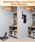 Wall Mount Floor Jack Stand Rack Organizer For Garage And Shop, before and after installation comparison.