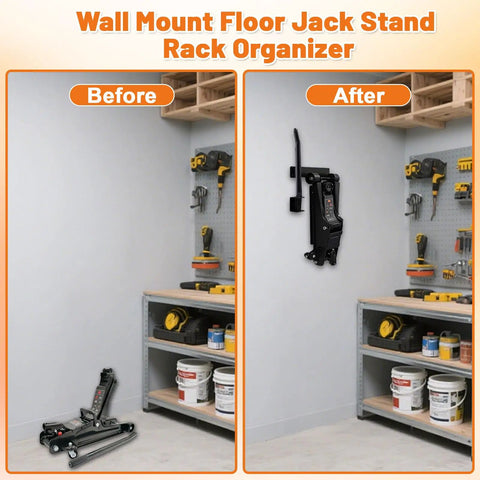 Wall Mount Floor Jack Stand Rack Organizer For Garage And Shop, before and after installation comparison.