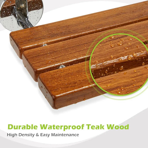 Close-up of waterproof teak wood on Teak Folding Shower Seat Wall Mounted 20 Inch Fold Down Bench Built To Last