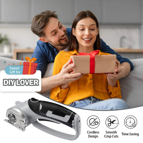 Super Lightweight Cordless Electric Scissors With 4V Battery And LED Light next to a gift box, showcasing ergonomic design for craft projects.