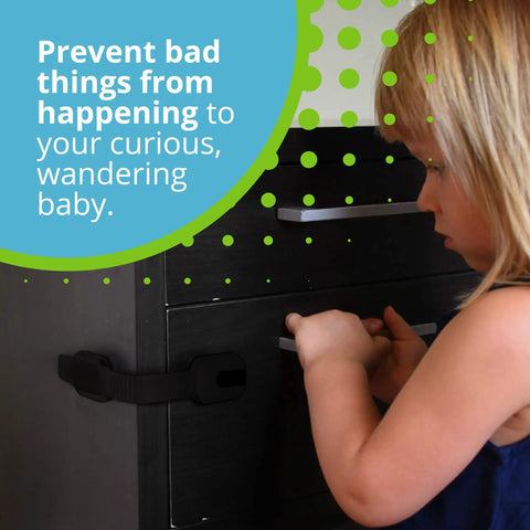 Child near cabinet secured with Adjustable And Reusable Kid Proof Cabinet Locks And Latches For Cabinets Doors Drawers