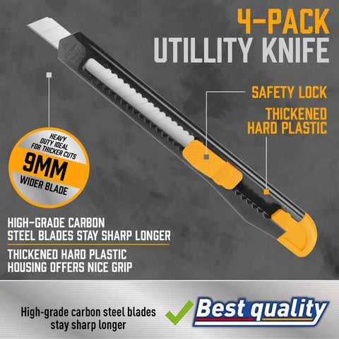 14 Piece Retractable Box Cutter Set With 18mm And 9mm Wide Blades For Boxes Cartons Cardboard Cutting Ideal Office And Home Utility Knives In Bright Yellow, featuring 9mm wide blade with safety lock and hard plastic housing.
