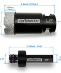 Front and side views of DKIBBITH dry diamond core drill bit, 1-3/8 in tile hole saw with 5/8-11 thread and 3/8 in hex shank