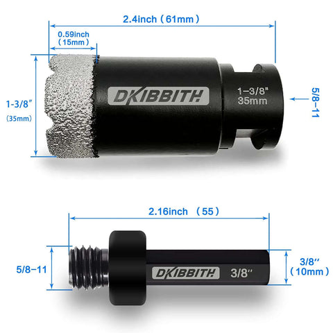 Front and side views of DKIBBITH dry diamond core drill bit, 1-3/8 in tile hole saw with 5/8-11 thread and 3/8 in hex shank