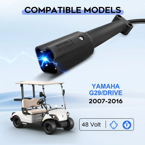 No Sweat Heavy Duty 15 Amp 48 Volt Golf Cart Battery Charger Compatible With Yamaha G29 Drive Models showing plug connector.