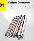 Upgrade Your Woodworking Workflow With Non Powered Stainless Steel Conveyor Rollers That Glide Smoothly For Perfect Outfeed And Keep Materials From Slipping In Factories Or Warehouses 5 Pack Size 30 Cm Easy Install with various diameters shown.