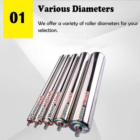 Upgrade Your Woodworking Workflow With Non Powered Stainless Steel Conveyor Rollers That Glide Smoothly For Perfect Outfeed And Keep Materials From Slipping In Factories Or Warehouses 5 Pack Size 30 Cm Easy Install with various diameters shown.