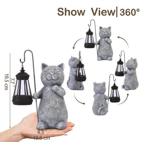 Solar Powered Cat Garden Statue With Warm Glow Lantern, weatherproof resin, shown in hand for scale, 360-degree view.