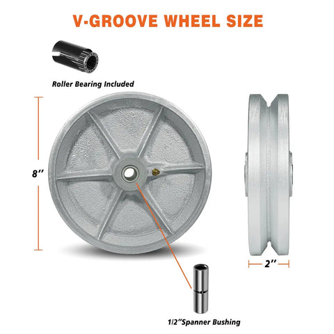 Rock Solid 8 Inch Cast Iron V Groove Wheel With Roller Bearing Capable Of Hauling Up To 1200 Lbs Per Wheel Perfect Workhorse Industrial Caster For Heavy Duty Gate Tracks Silver One Pack showing size dimensions and included roller bearing.