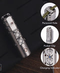 Titanium LED Flashlight 1000 Lumen EDC Pocket Light With Lockout Mode showing paracord hole, pocket clip, charging indicator