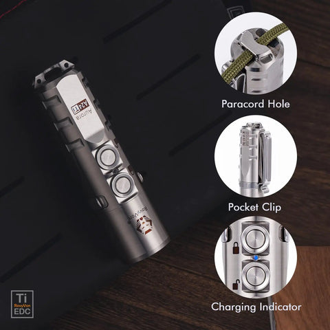 Titanium LED Flashlight 1000 Lumen EDC Pocket Light With Lockout Mode showing paracord hole, pocket clip, charging indicator