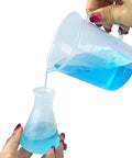 Hands On Science Lab Kit For Kids 24 Piece Educational Experiment Set With Plastic Test Tubes Droppers Caps And Tube Holder For Boys And Girls To Learn By Doing Cool Experiments, showing blue liquid being poured from beaker to flask