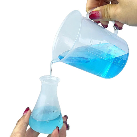 Hands On Science Lab Kit For Kids 24 Piece Educational Experiment Set With Plastic Test Tubes Droppers Caps And Tube Holder For Boys And Girls To Learn By Doing Cool Experiments, showing blue liquid being poured from beaker to flask