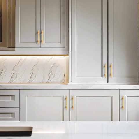 Heavy Duty Gold Cabinet Pulls And Drawer Handles Offering A Slick Upgrade For Kitchens And Baths Durable Stainless Steel And Zinc Alloy Base Plus Four Inch Center Spacing Anti Tarnish Coating Makes This Five Pack A Top Shelf Home Renovation Essential on modern kitchen cabinets.