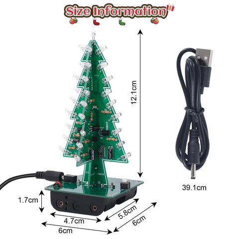3D Christmas Tree Soldering Kit With LED Flashing Lights In 7 Colors Dope DIY Electronics Project for Learning STEM, dimensions.