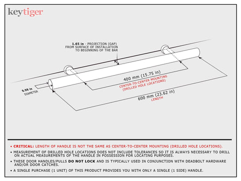 Diagram of 24 Inch Matte Black Stainless Steel One Sided Door Pull Handle For Wood Glass Metal Doors And Sliding Glass Shower Doors Modern Contemporary Push Pull Bar For Home Office And Commercial Use Must Have showing measurements and installation details.