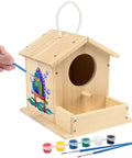 DIY Wooden Bird House Kit For Kids Ages 4 And Up Build And Paint Craft Set With Pre Drilled Pieces Includes Paints And Brushes, Easy To Follow Instructions For Creative Family Fun. unfinished pine bird house kit with paints, brushes, and hand painting in progress