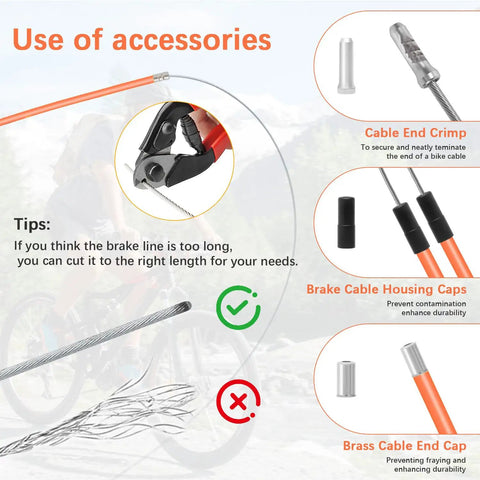 Gyro Brake Cables Kit For 20 Inch Bikes with end crimps, housing caps, and brass cable end cap accessories in orange.
